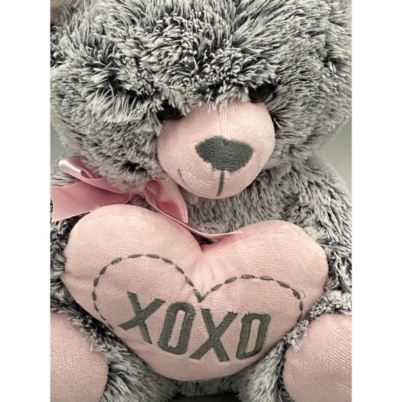 Excite USA 10” Gray Teddy Bear Plush Holding Pink XOXO Heart Stuffed Animal Toy - Picture 2 of 8